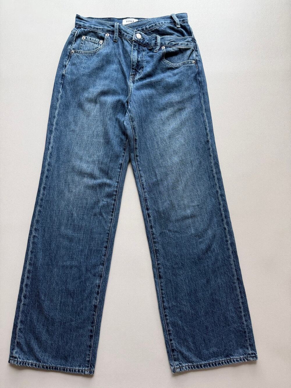 Pistola Women's Medium Wash Blue Asymmetric Criss-Cross Waistband Jeans Size 25